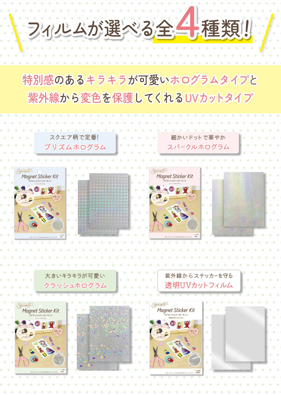 フィルムが選べる全4種類！特別感のあるキラキラが可愛いホログラムタイプと紫外線から変色を保護してくれるUVカットタイプ│1.スクエア柄で定番！プリズムホログラム 2.細かいドットで華やか スパークルホログラム 3.大きいキラキラが可愛い クラッシュホログラム 4.紫外線からステッカーを守る 透明UVカットフィルム