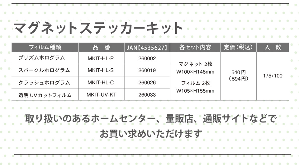 マグネットステッカーキット／フィルム種類：プリズムホログラム／品番：MKIT-HL-P／JAN【4535627 260002】／フィルム種類：スパークルホログラム／品番：MKIT-HL-S／JAN【4535627 260019】／フィルム種類：クラッシュホログラム／品番：MKIT-HL-C／JAN【4535627 260026】／フィルム種類：透明UVカットフィルム／品番：MKIT-HL-KT／JAN【4535627 260033】／各セット内容：マグネット2枚（W100×W148mm）フィルム2枚（W105×H155mm）／定価（税込）：540円（594円）／入数：1/5/100／取り扱いのあるホームセンター、量販店、通販サイトなどでお買い求めいただけます