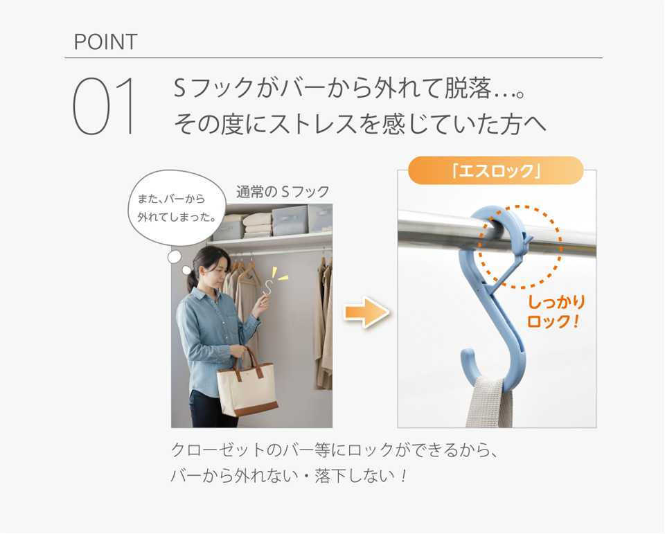 POINT01│Sフックがバーから外れて脱落…。その度にストレスを感じていた方へ　通常のSフック（また、バーから外れてしまった。）「エスロック」しっかりロック！　クローゼットのバー等にロックができるから、バーから外れない・落下しない！