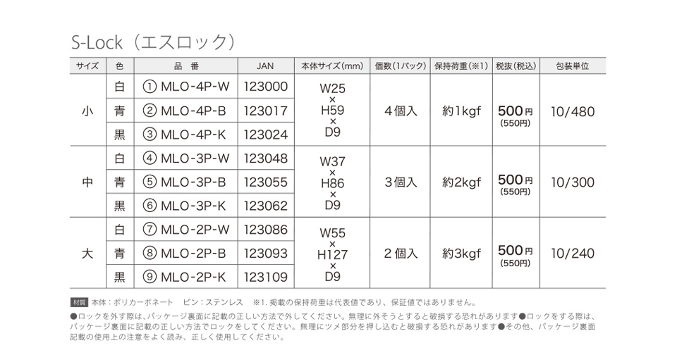 S-Lock（エスロック）サイズ／色／品番／JAN／本体サイズ（mm）／個数（1パック）／保持荷重（※1）／税抜（税込）／包装単位
小／白／①MLO-4P-W／123000／W25×H59×D9／4個入／約1kgf／500円（550円）／10/480
小／青／②MLO-4P-B／123017／W25×H59×D9／4個入／約1kgf／500円（550円）／10/480
小／黒／③MLO-4P-K／123024／W25×H59×D9／4個入／約1kgf／500円（550円）／10/480
中／白／④MLO-3P-W／123048／W37×H86×D9／3個入／約2kgf／500円（550円）／10/300
中／青／⑤MLO-3P-B／123055／W37×H86×D9／3個入／約2kgf／500円（550円）／10/300
中／黒／⑥MLO-3P-K／123062／W37×H86×D9／3個入／約2kgf／500円（550円）／10/300
大／白／⑦MLO-2P-W／123086／W55×H127×D9／2個入／約3kgf／500円（550円）／10/240
大／白／⑧MLO-2P-B／123093／W55×H127×D9／2個入／約3kgf／500円（550円）／10/240
大／黒／⑨MLO-2P-K／123109／W55×H127×D9／2個入／約3kgf／500円（550円）／10/240
【材質】本体：ポリカーボネート／ピン：ステンレス　※1.掲載の保持荷重は代表値であり、保証値ではありません。
●ロックを外す際は、パッケージ裏面に記載の正しい方法で外してください。無理に外そうとすると破損する恐れがあります●ロックをする際は、パッケージ裏面に記載の正しい方法でロックをしてください。無理にツメ部分を押し込むと破損する恐れがあります●その他、パッケージ裏面記載の使用上の注意をよく読み、正しく使用してください。